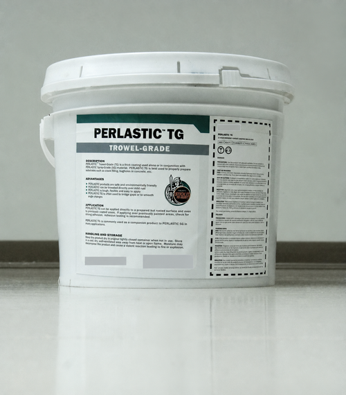 Perlastic TG pail with product label visible and old branding and quantity covered